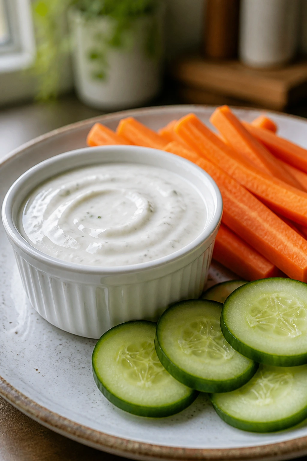 Close-up of a plate with ranch dip and veggie sticks for dipping.