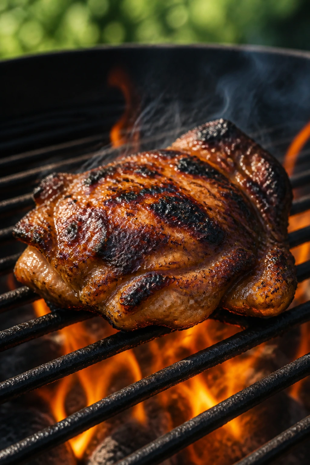 Chicken thigh searing on direct heat grill with char marks