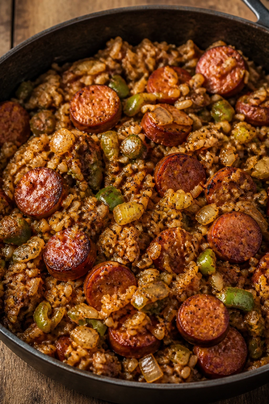 Dirty rice with smoked sausage in a deep skillet