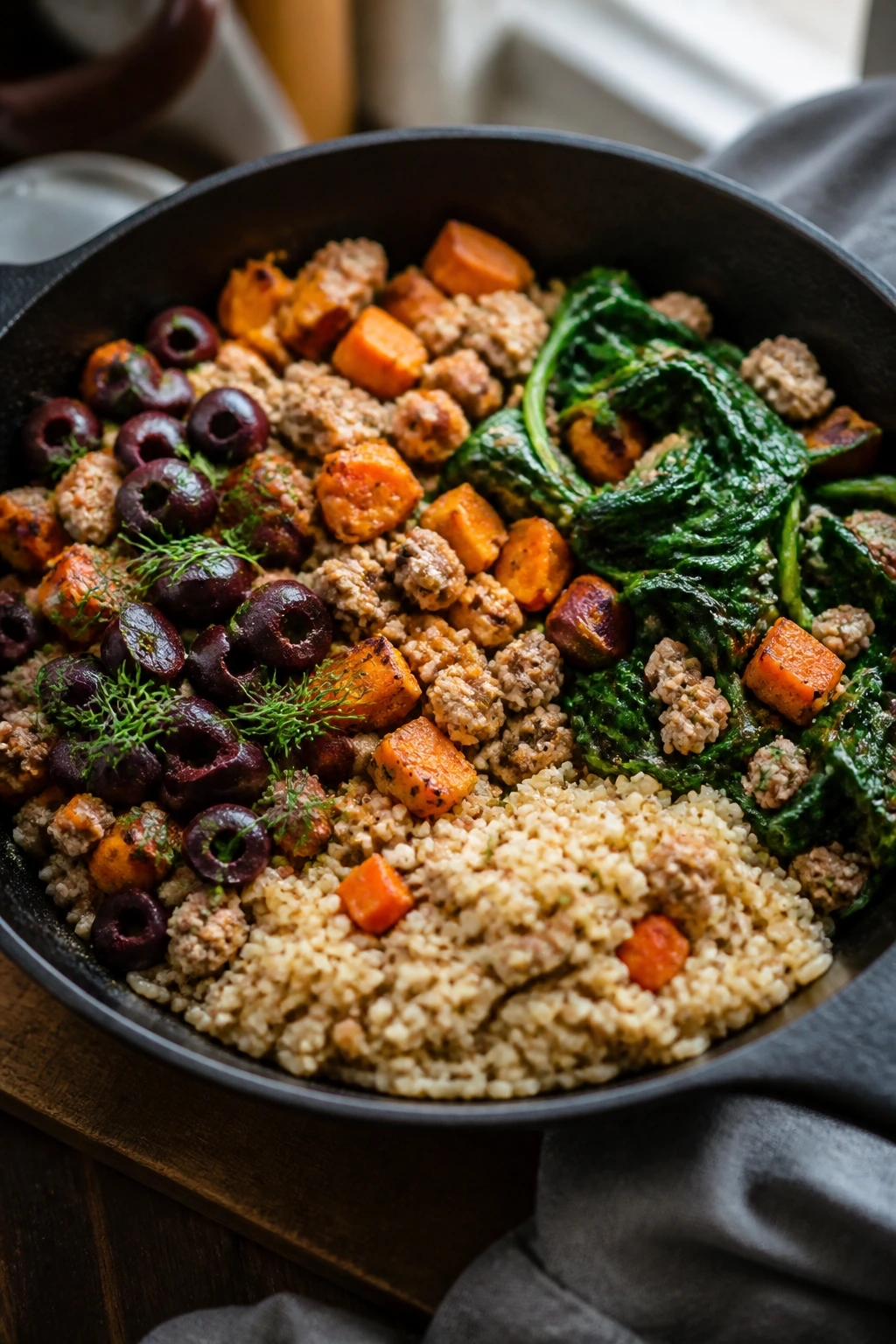 Close-up of a skillet dish showing olives/dill, spinach, and brown rice variation toppings