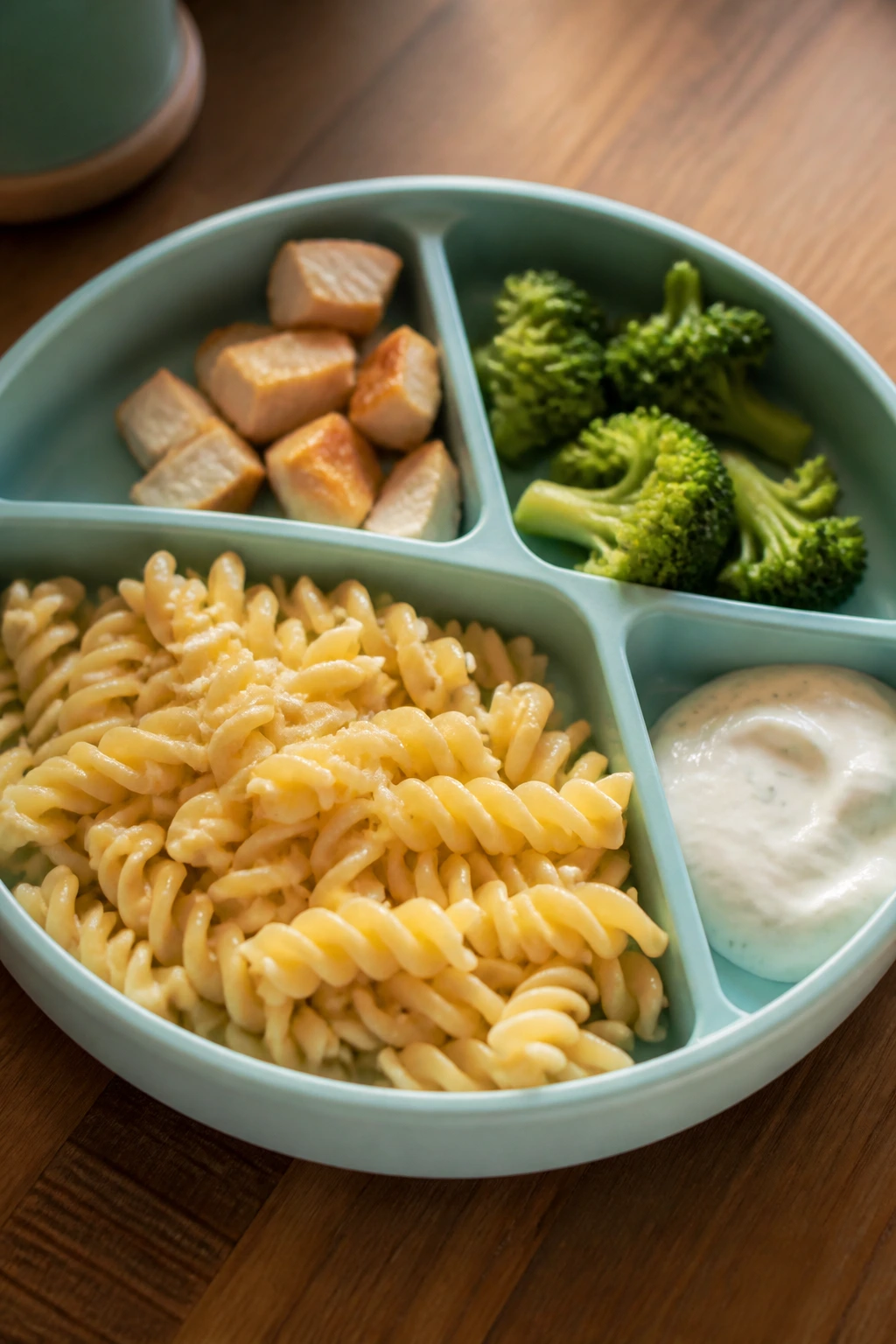 Divided plate showing pasta, chicken, new vegetable, and dip.