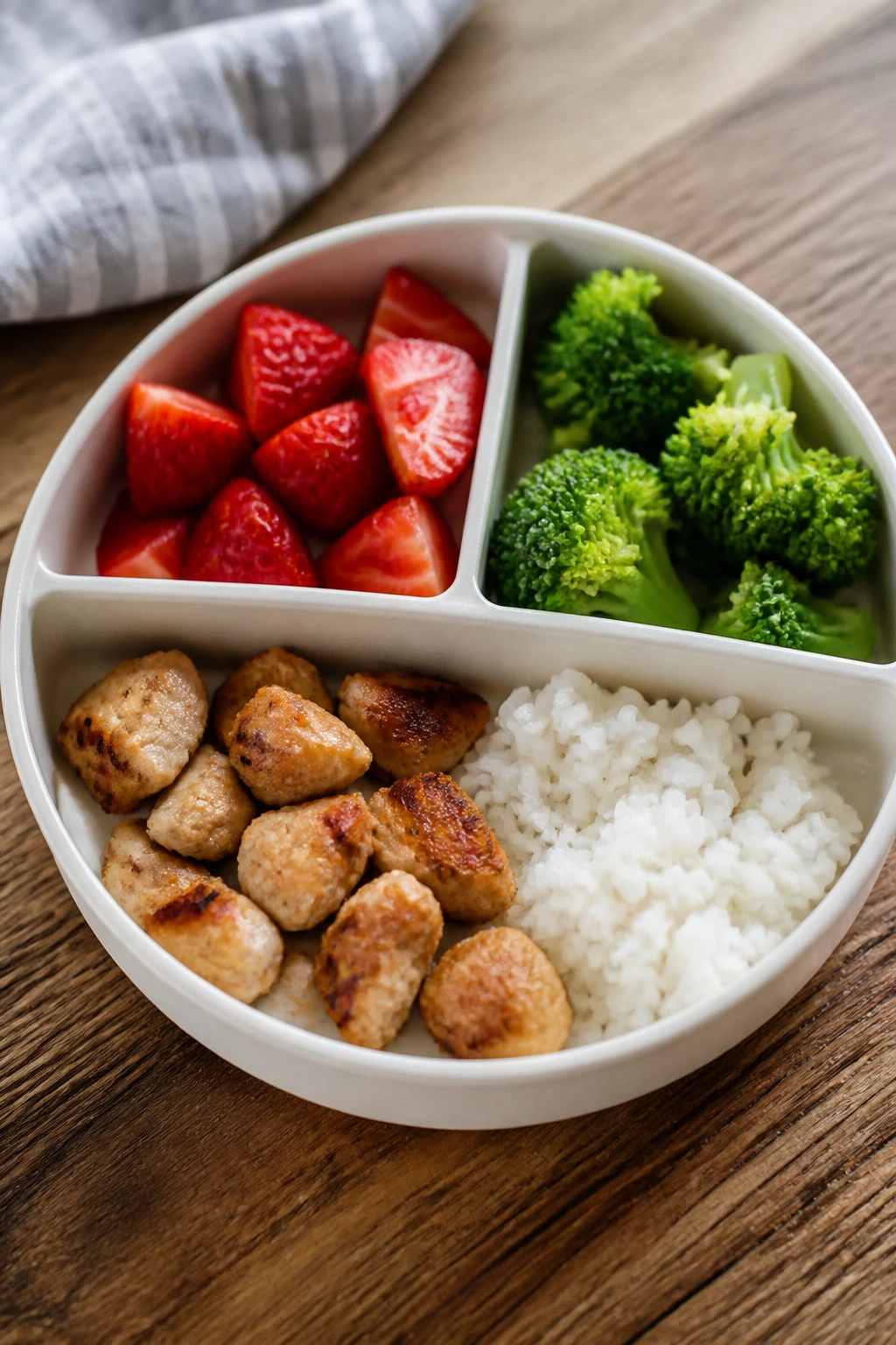 Close-up of a divided plate on a wooden table, showing separate compartments for foods to keep meals organized for picky eaters.