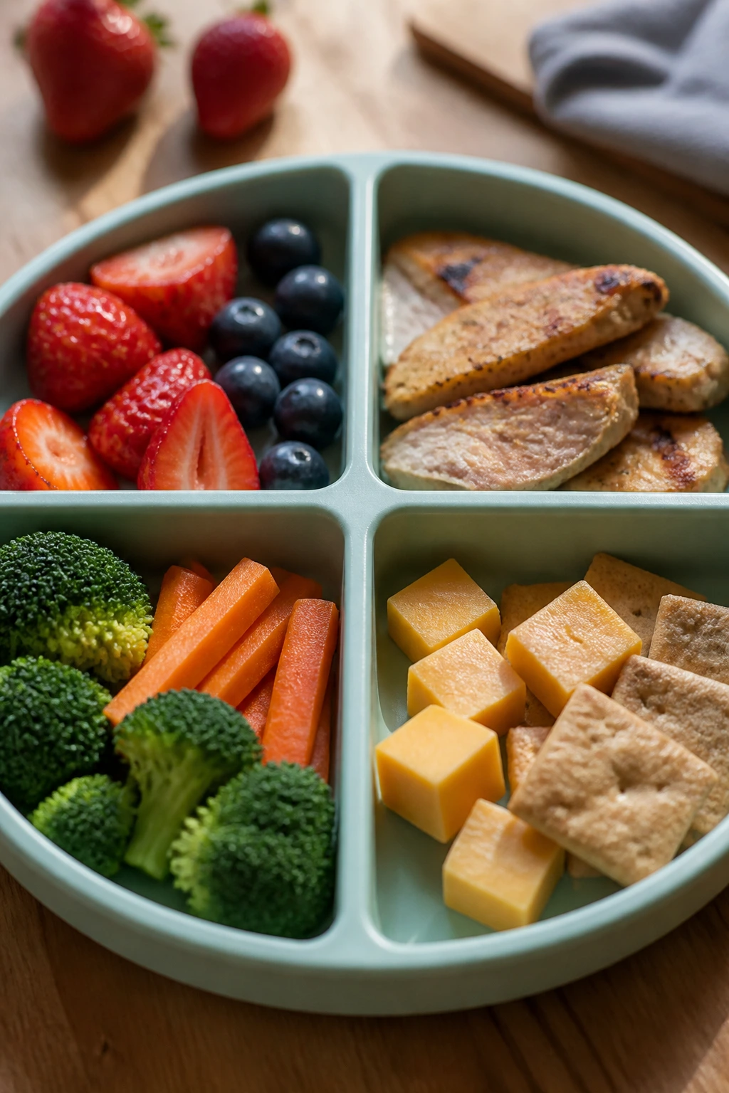 Divided lunch plate with colorful compartments of kid-friendly foods
