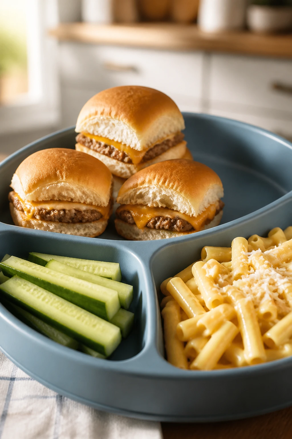 Divided plate with sliders, cucumber sticks, and pasta on a wood table