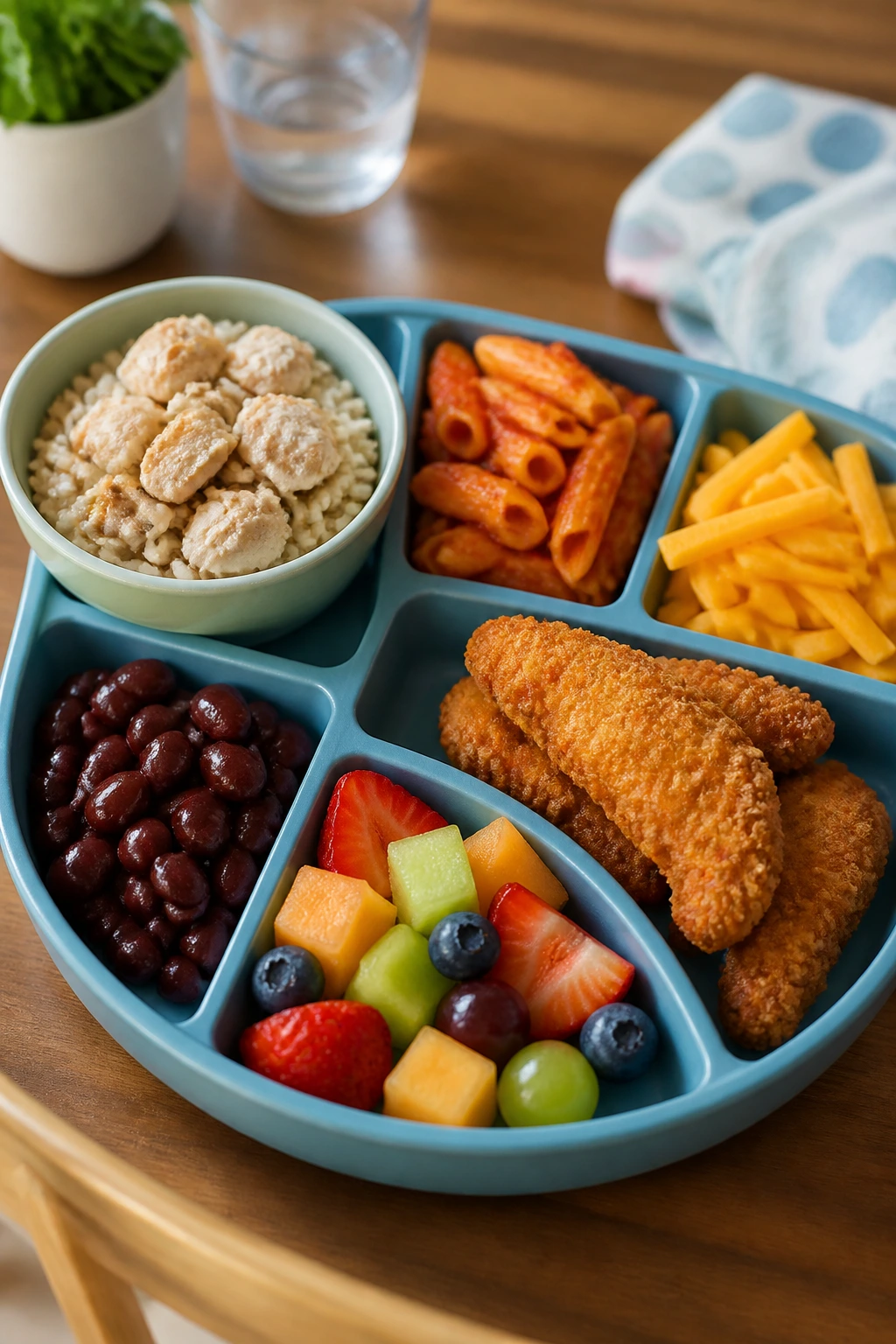 Divided plate showing multiple meal variations for kids in a bright kitchen