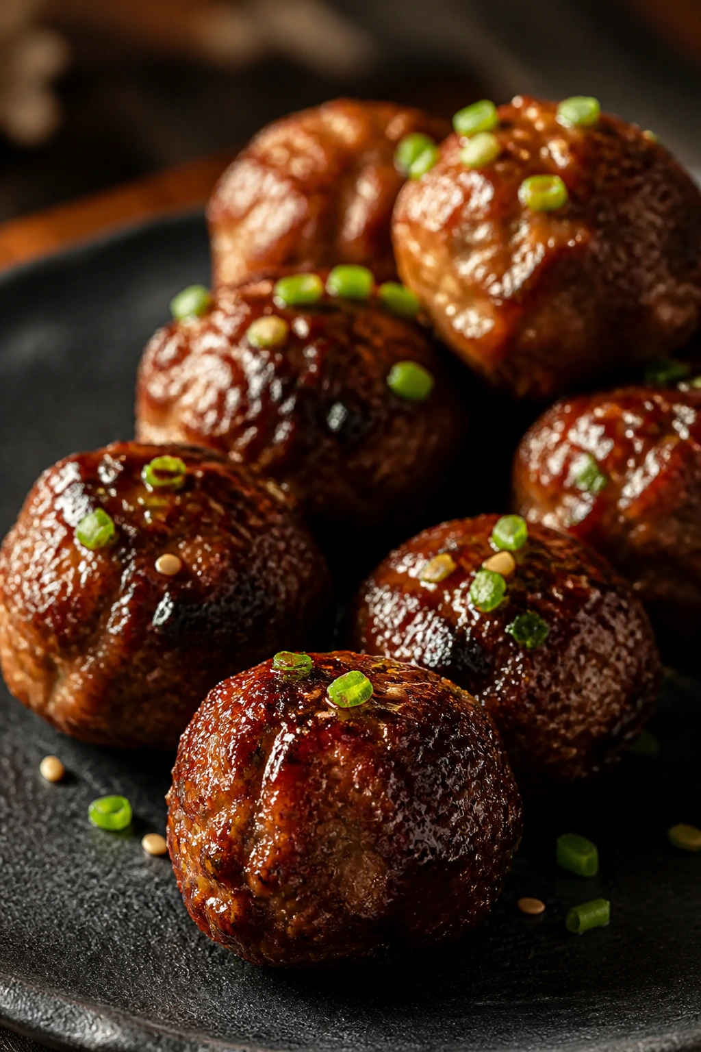 Doenjang beef meatballs with savory glaze on slate plate