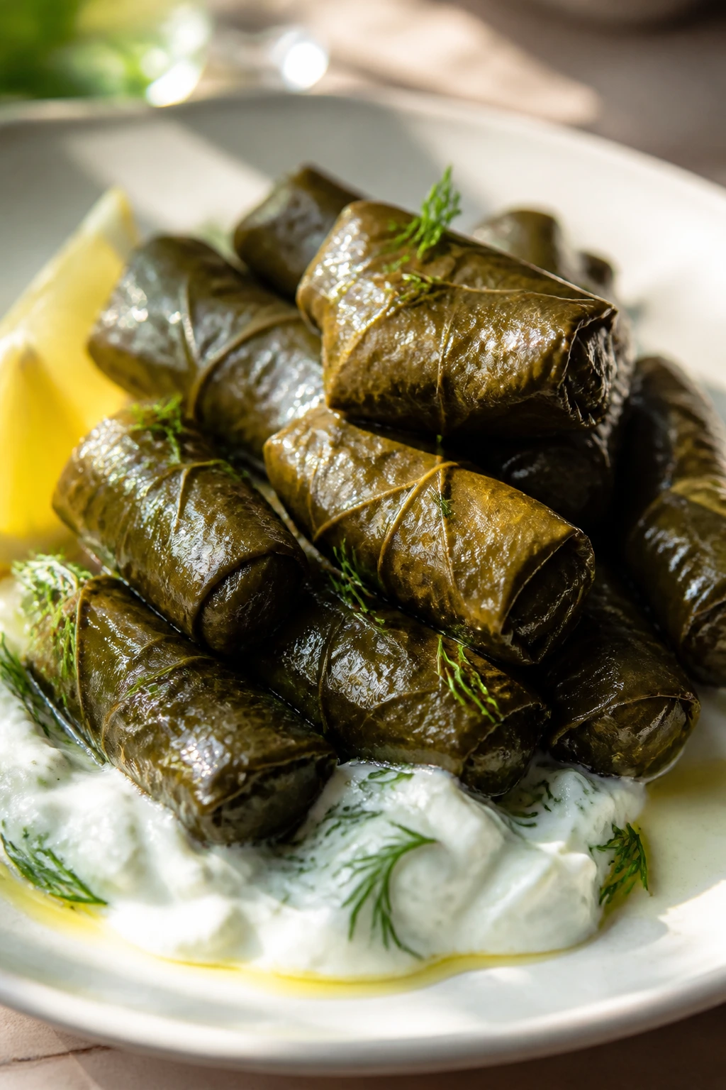 Dolmades wrapped in grape leaves on a plate