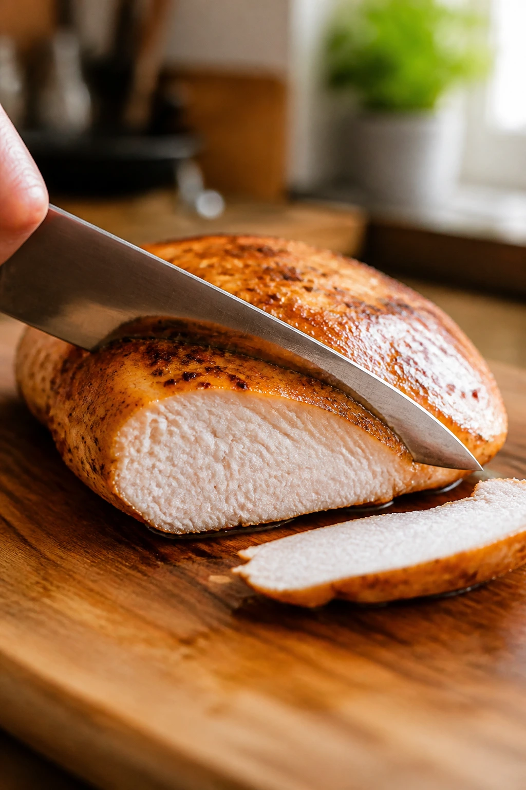 Sliced chicken breast showing juicy interior in kitchen