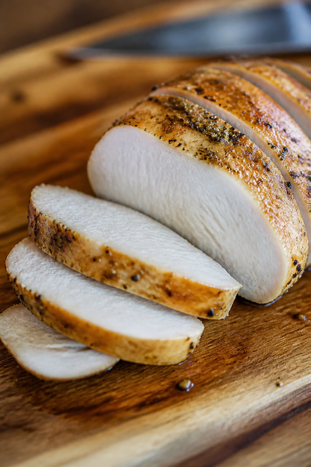 Close-up of a fully cooked chicken breast sliced to reveal white interior on a wooden cutting board