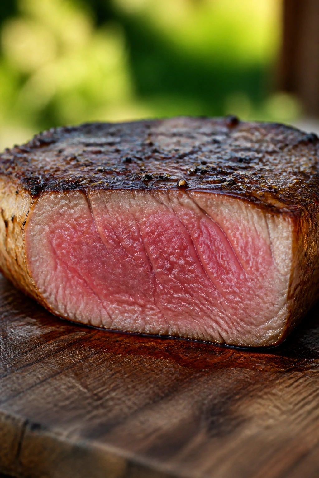 Cross-section of a thick steak showing pink center and crust