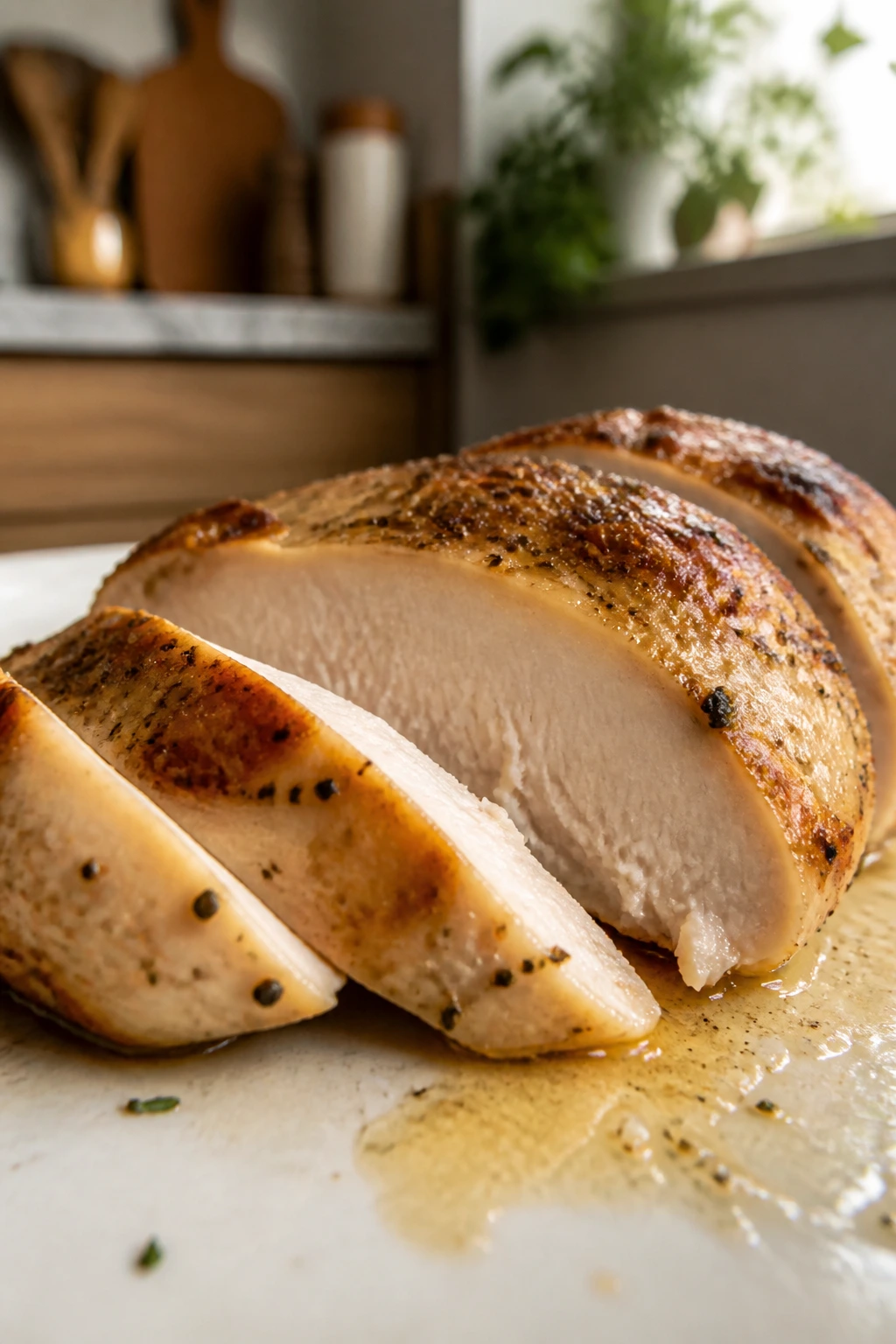 Sliced chicken breast showing juicy interior on plate