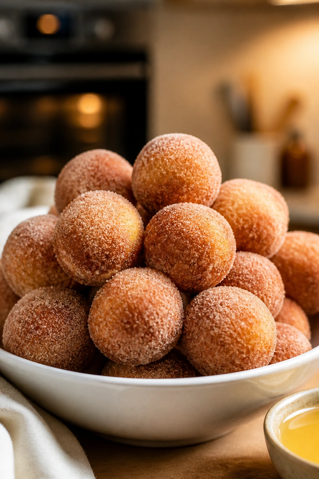 Baked cinnamon sugar donut holes in a bowl on a warm kitchen counter