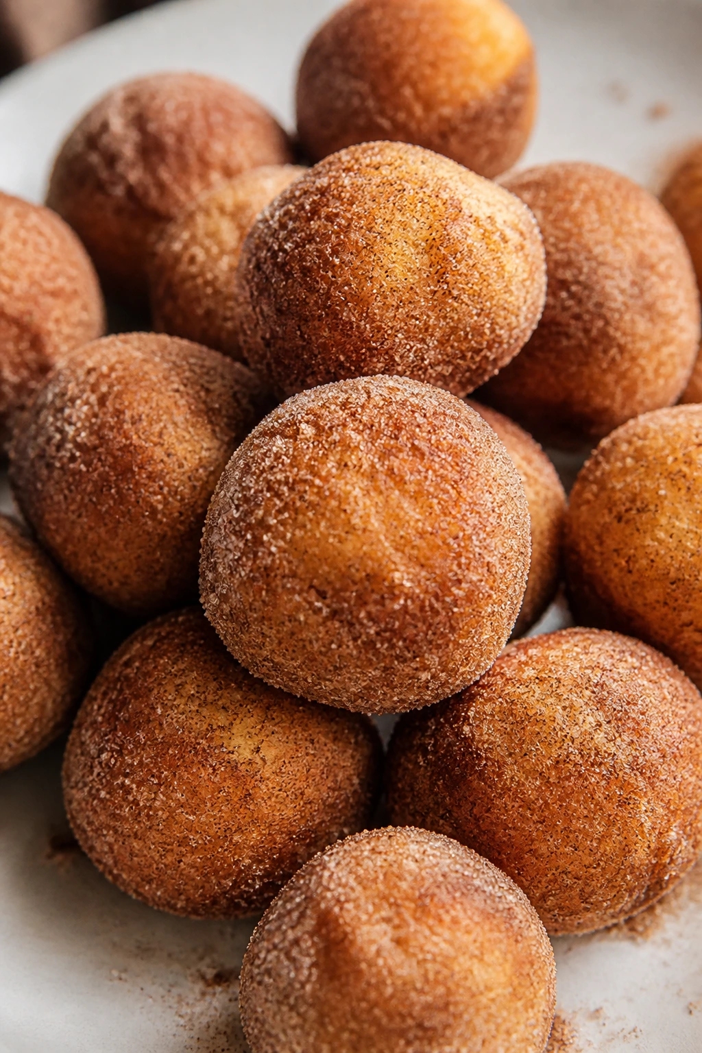 Donut holes coated in cinnamon sugar in a neutral setting