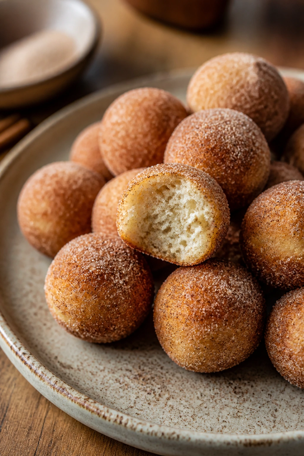 Close-up of golden baked donut holes with cinnamon sugar on a rustic plate in a warm kitchen
