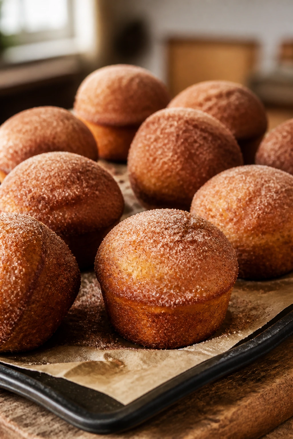 Close-up of cinnamon-sugar baked donut muffins on a wooden counter
