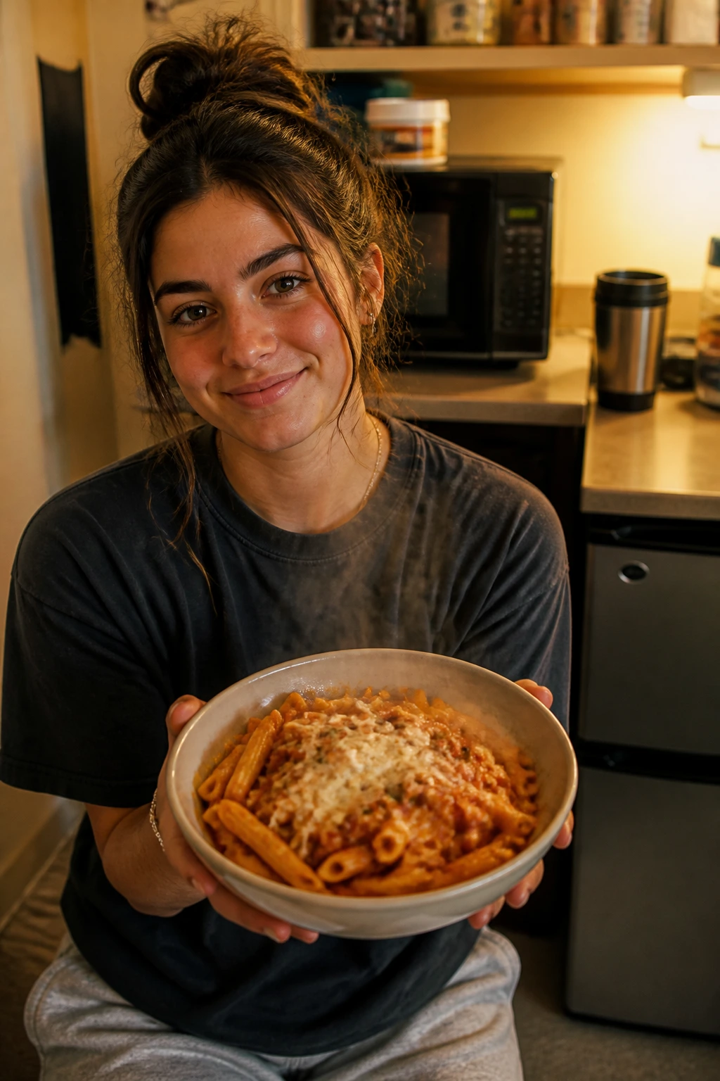 Student enjoying pasta in a compact dorm kitchen
