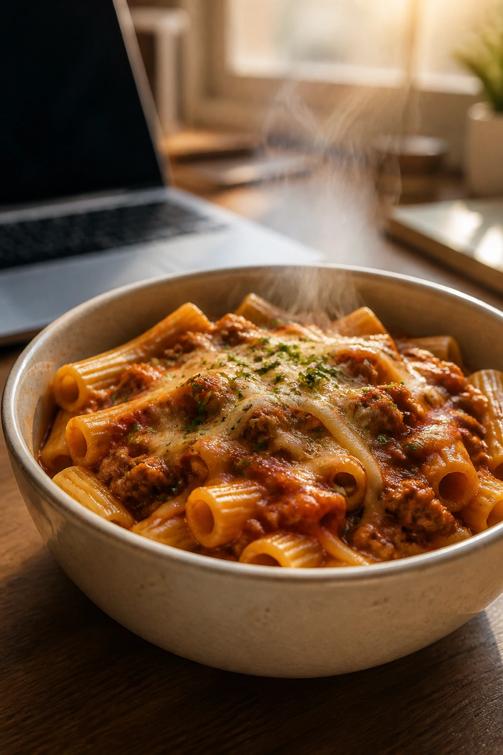 Close-up of a steaming pasta bowl on a dorm desk