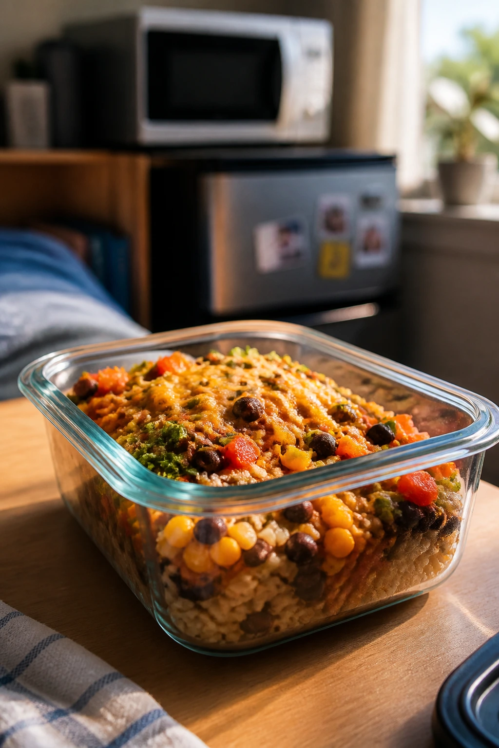 Glass meal-prep container with layered rice and vegetables in a dorm kitchen