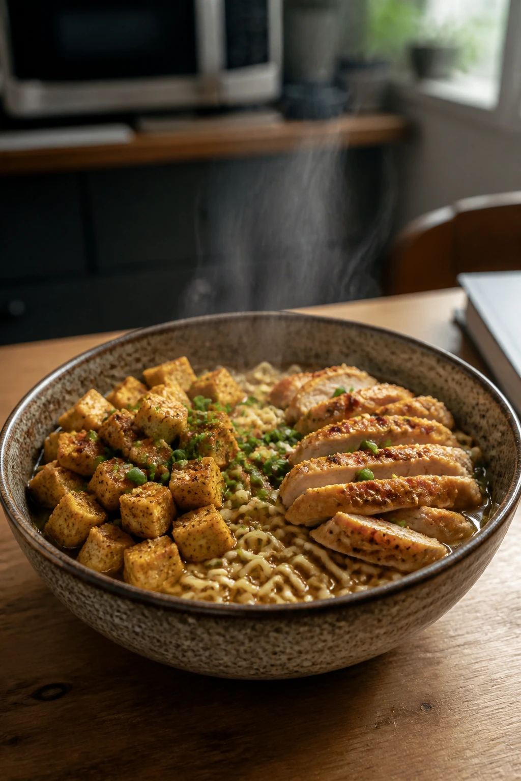 Ramen bowl with two topping zones in a dorm kitchen setting
