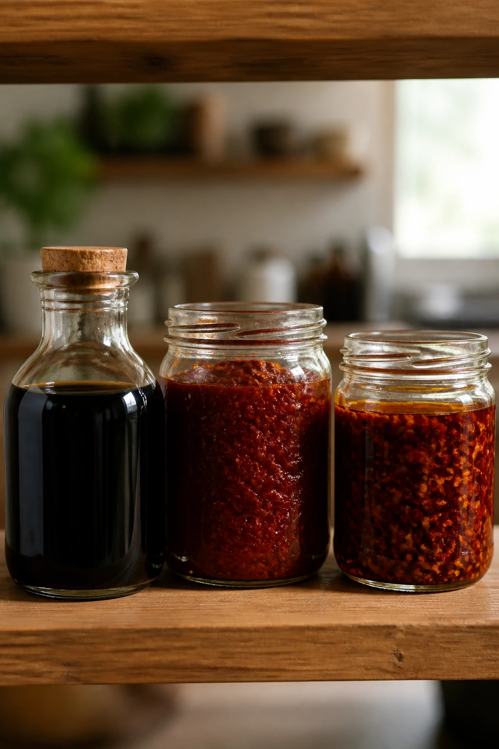 Jars of black vinegar, doubanjiang, and chili crisp on a kitchen shelf