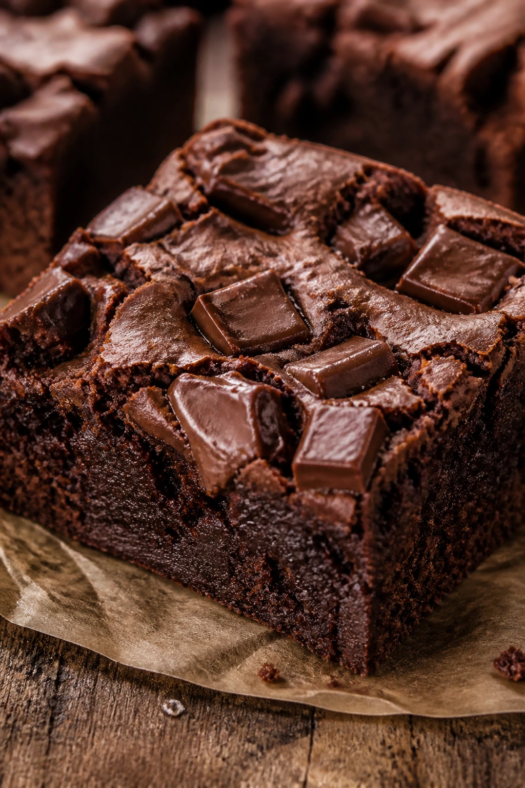 Thick brownie slab with chocolate chunks on wooden surface