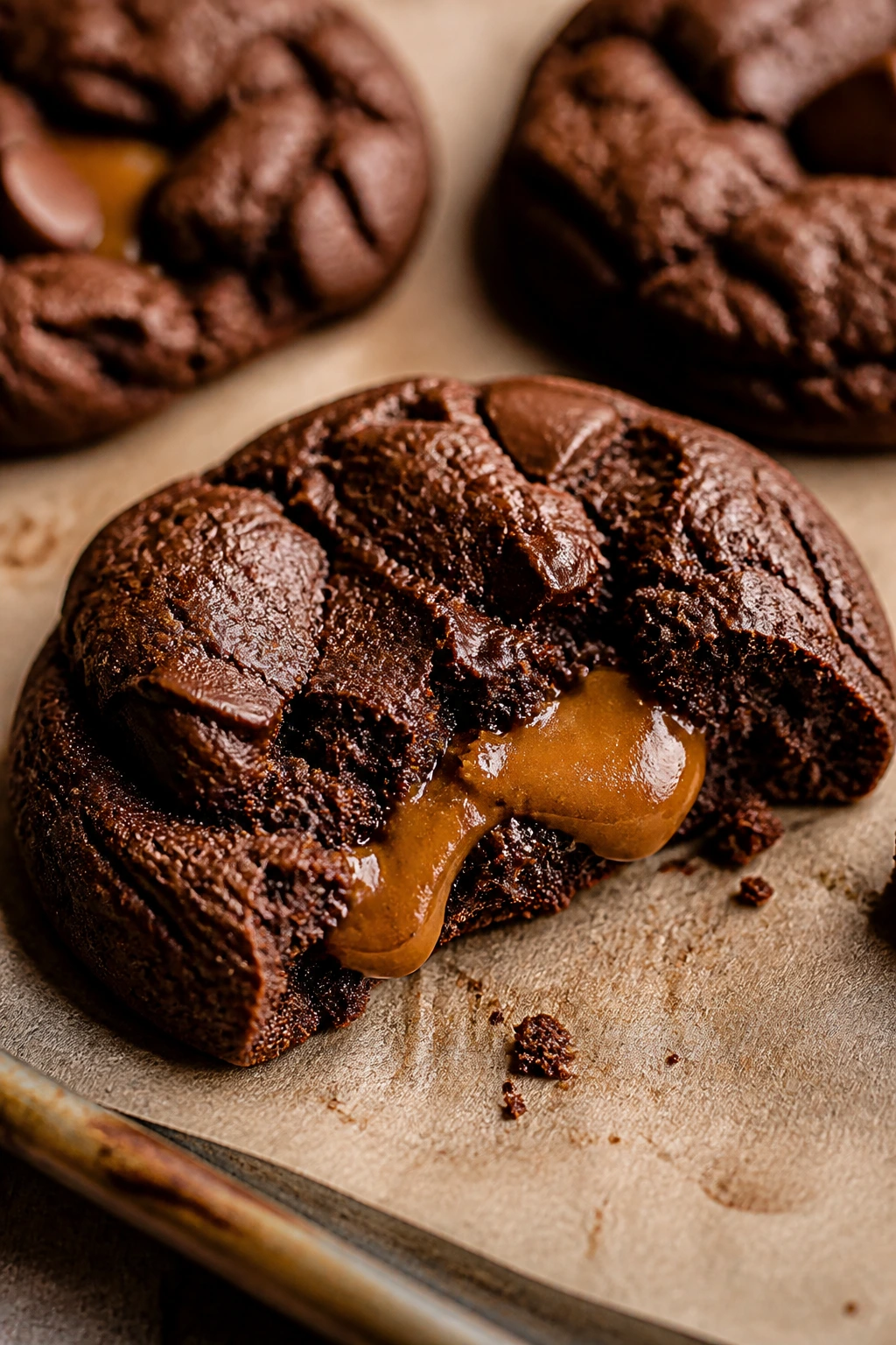 Close-up fudgy chocolate cookie with caramel center