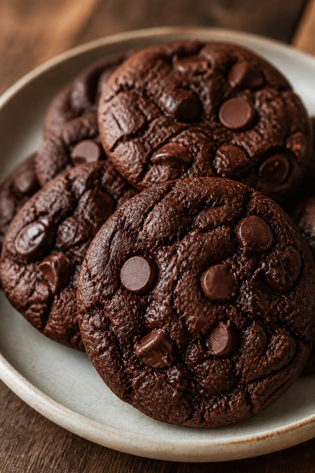 Close-up of fudgy double chocolate cookies on a neutral plate