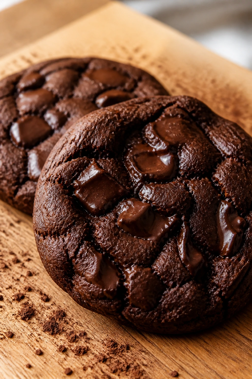 Close-up of two double chocolate cookies with chips