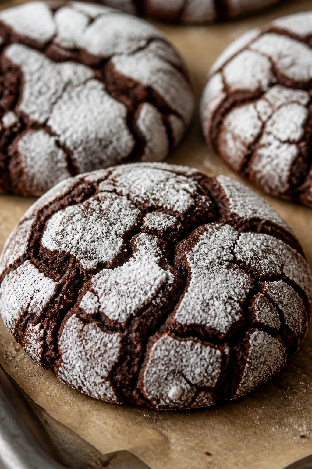 Close-up of fudgy Double Chocolate Crinkle Circles on parchment