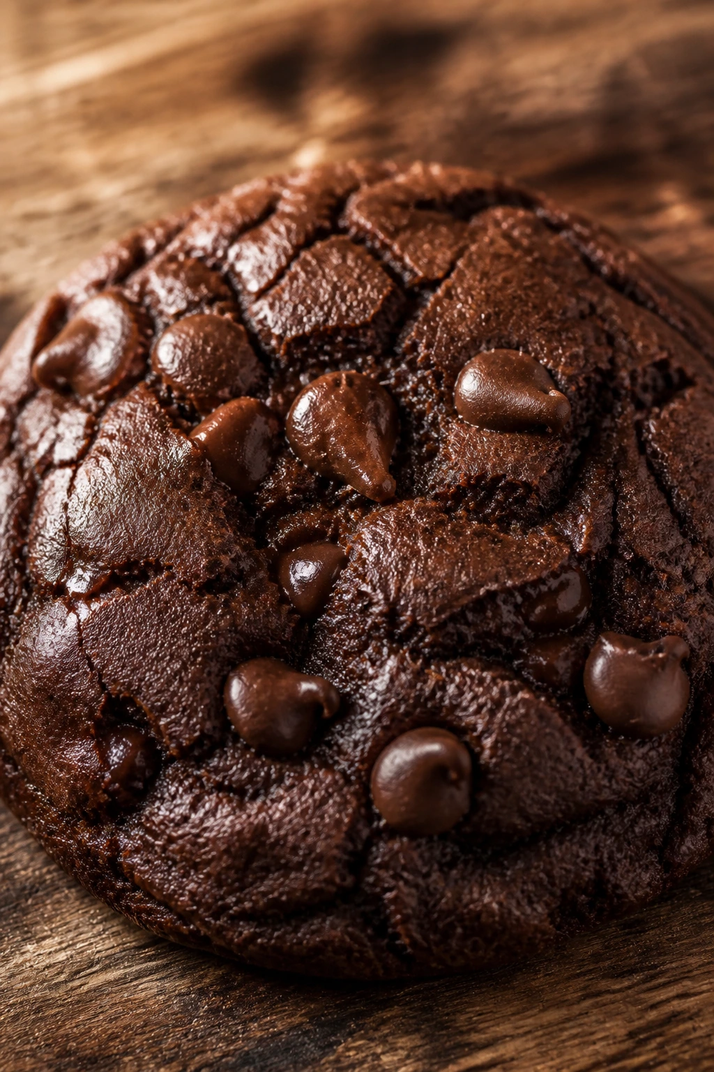 Dense dark chocolate Nutella cookie close-up on wooden surface