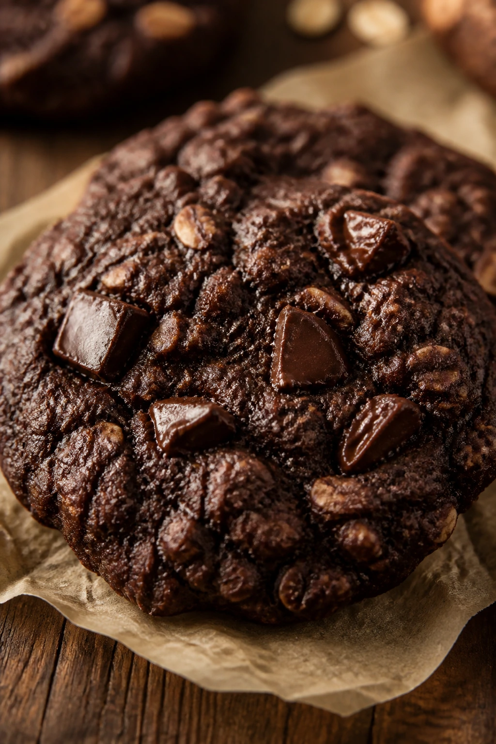 Close-up of a fudgy double chocolate oatmeal cookie