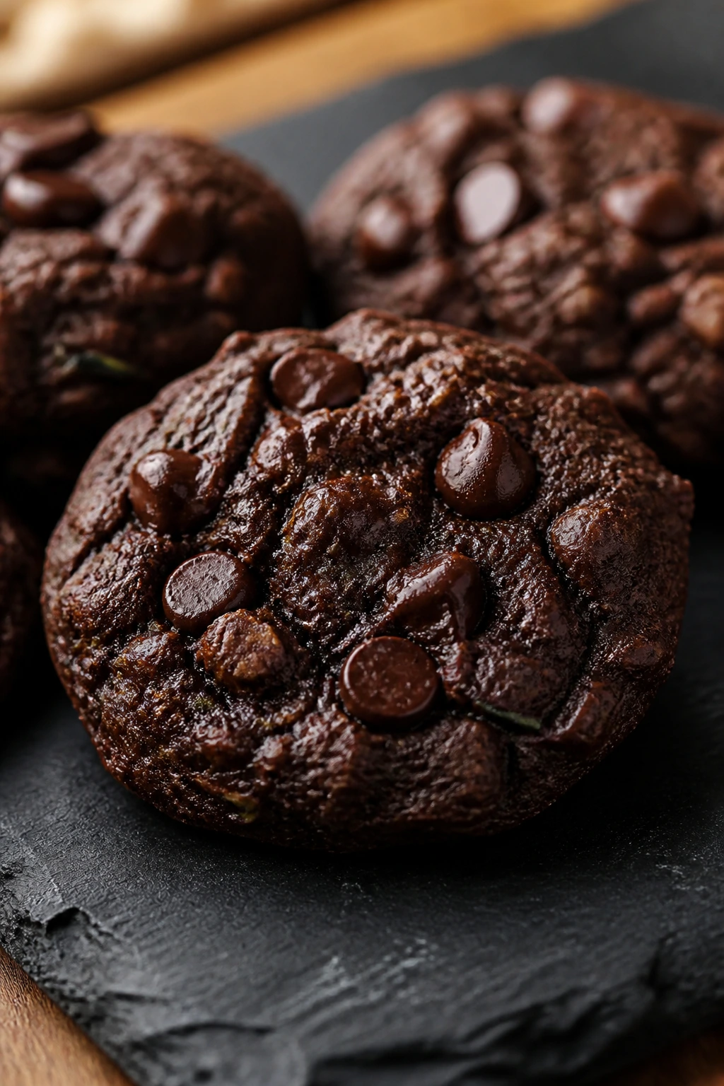 Close-up of a double chocolate zucchini oatmeal cookie on a slate board