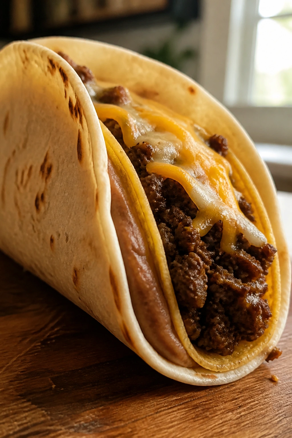 Close-up of a double-decker beef taco with beans and cheese on a warm kitchen counter