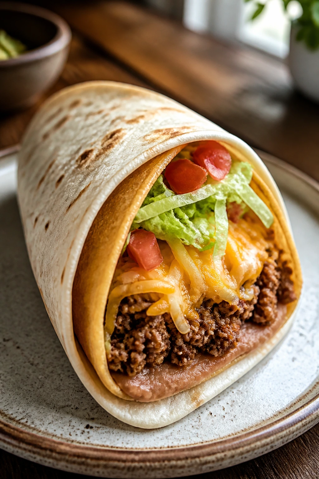Close-up of a double-decker taco supremes with soft tortilla, hard shell, beef filling, cheese, and refried beans on a rustic plate