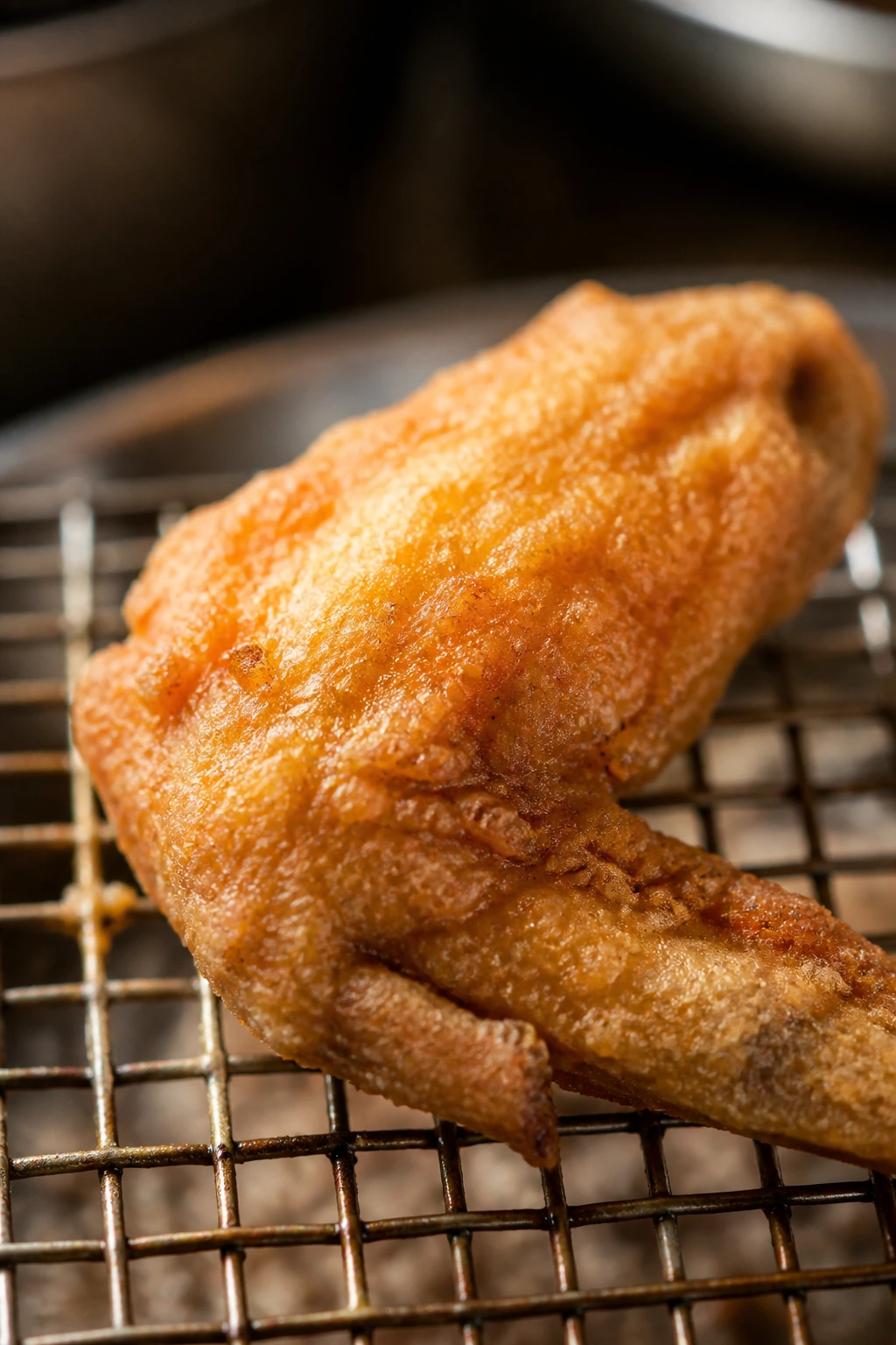 Single double-fried Korean fried chicken wing with crisp crust on a rack.