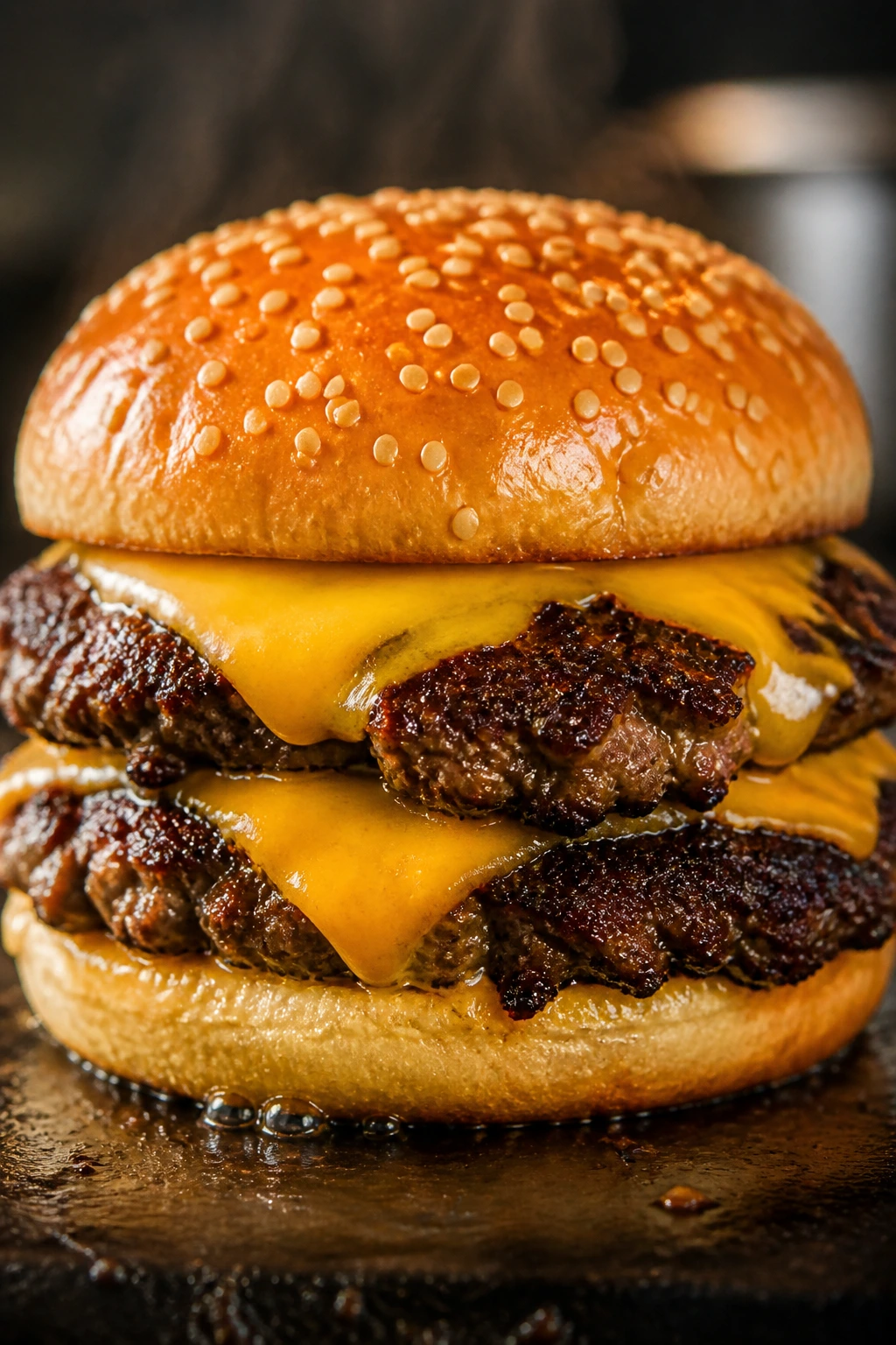Two-patty smash burger with cheese between patties