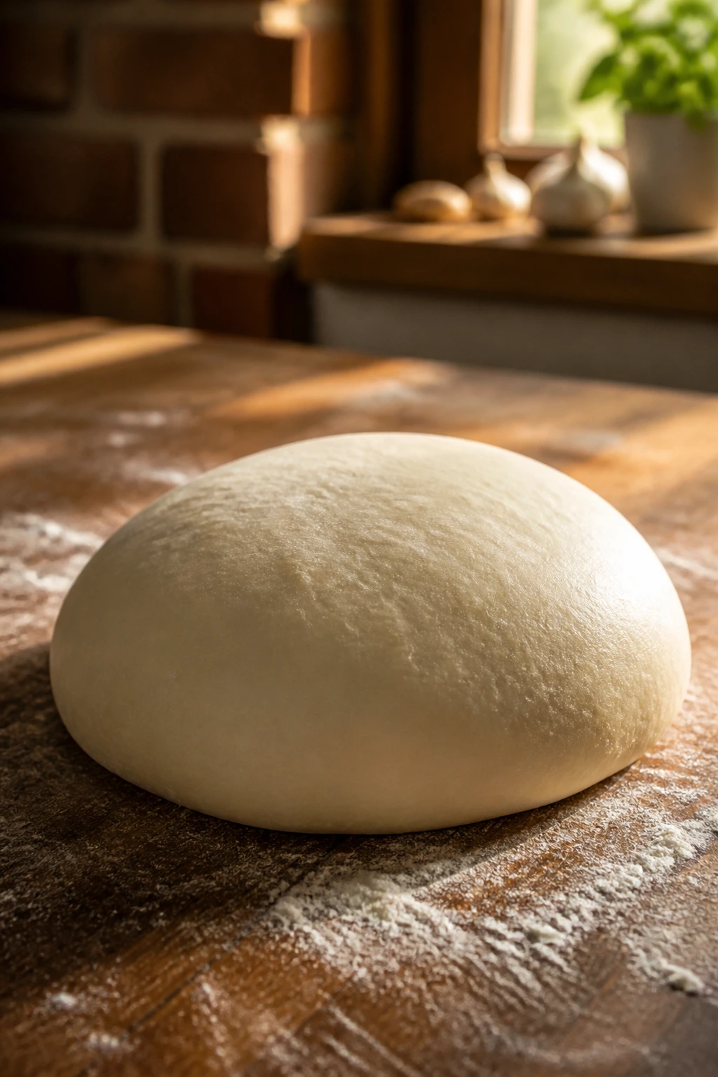 Close-up of dough ball on floured wooden counter in warm kitchen