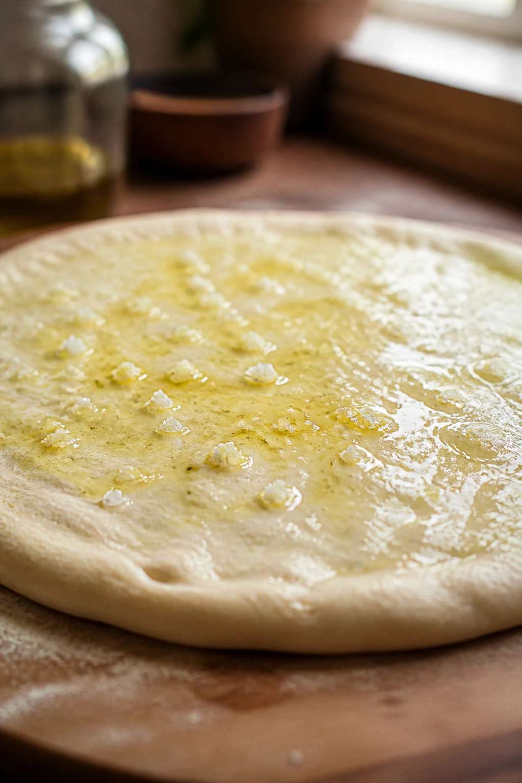 Dough brushed with garlic oil showing ingredient balance