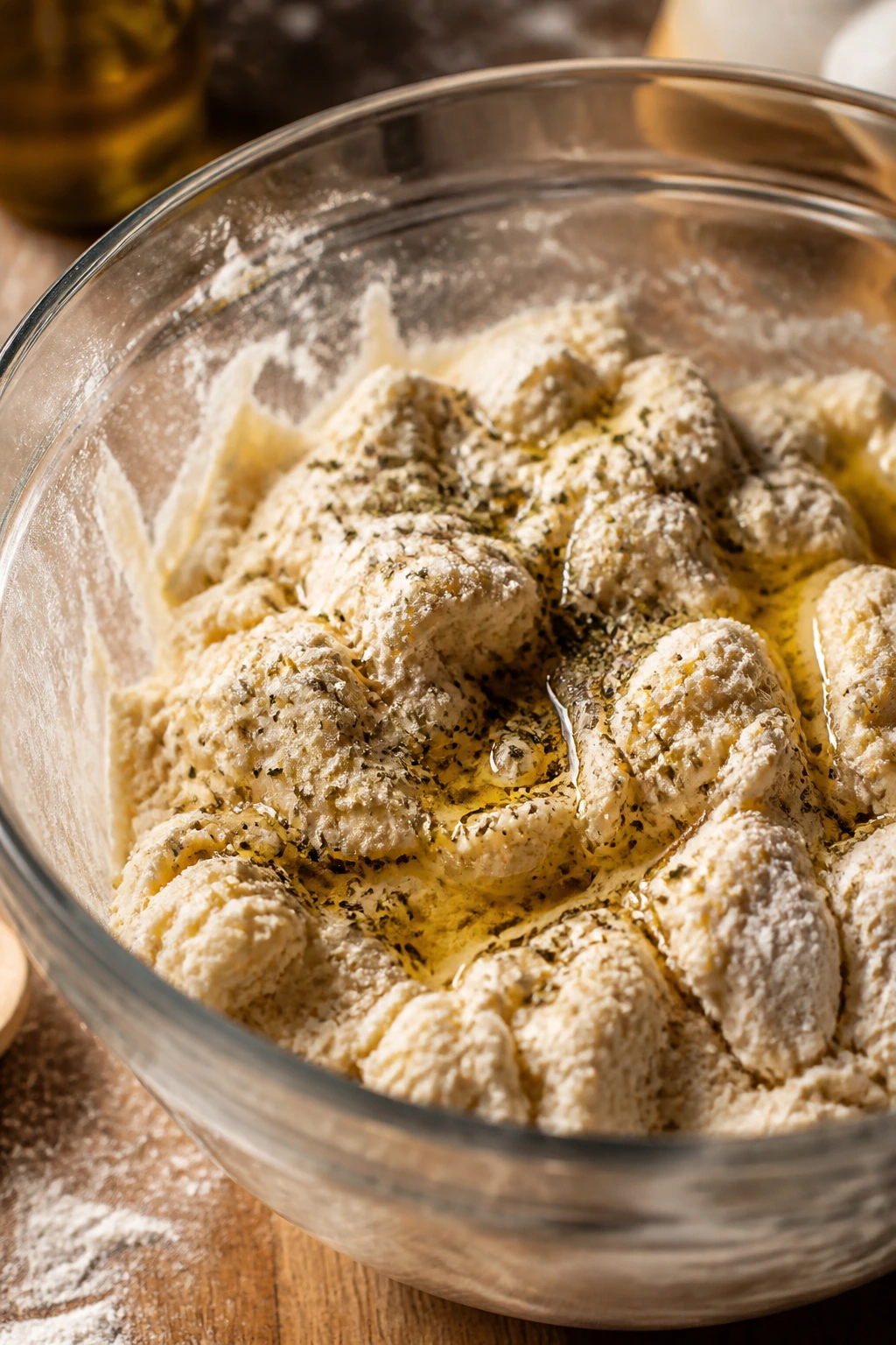 Dough in a bowl with oil and oregano ready to mix