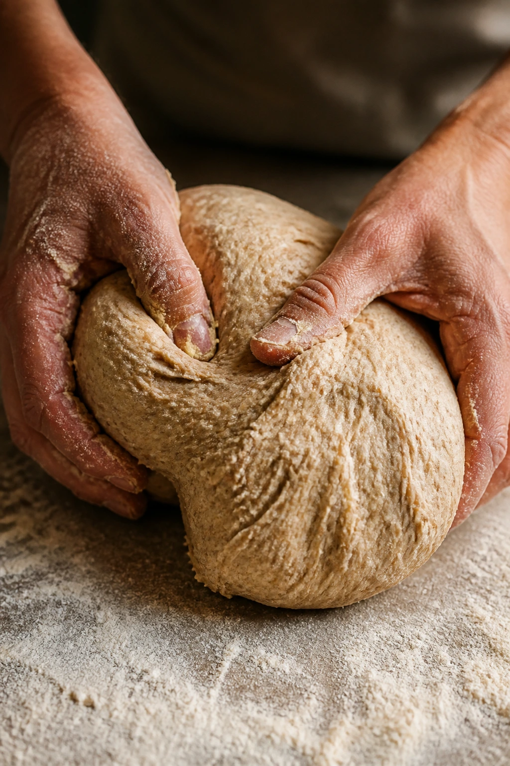 Close-up of soft, tacky dough being kneaded on a flour-dusted counter