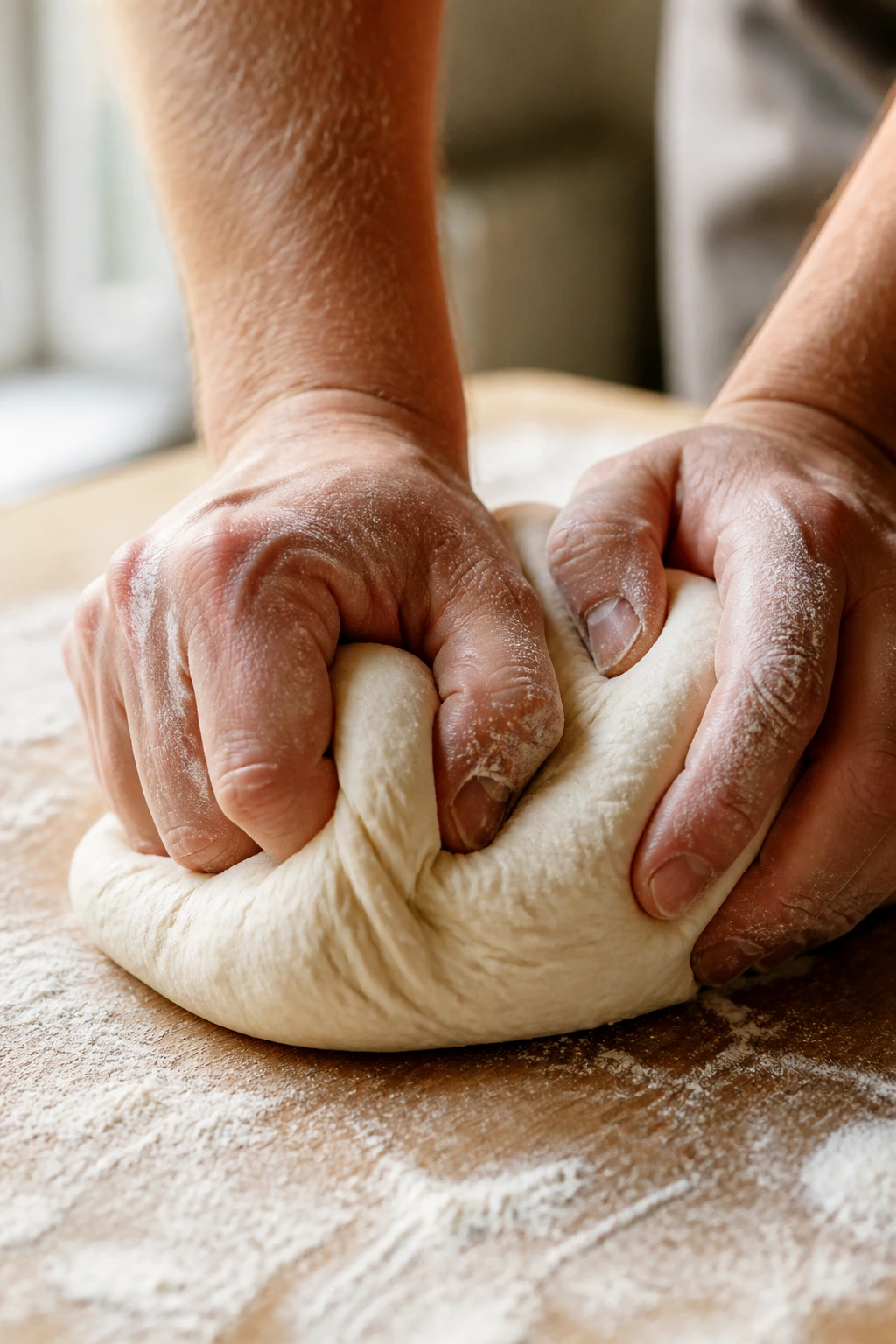 Hands kneading soft, elastic calzone dough on floured surface