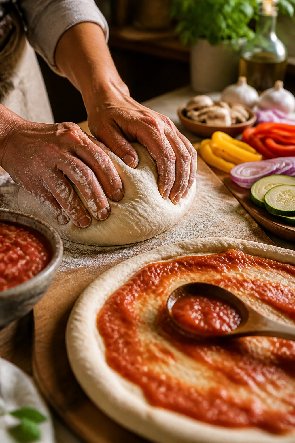 Hands kneading dough on a floured surface with sauce and vegetables nearby