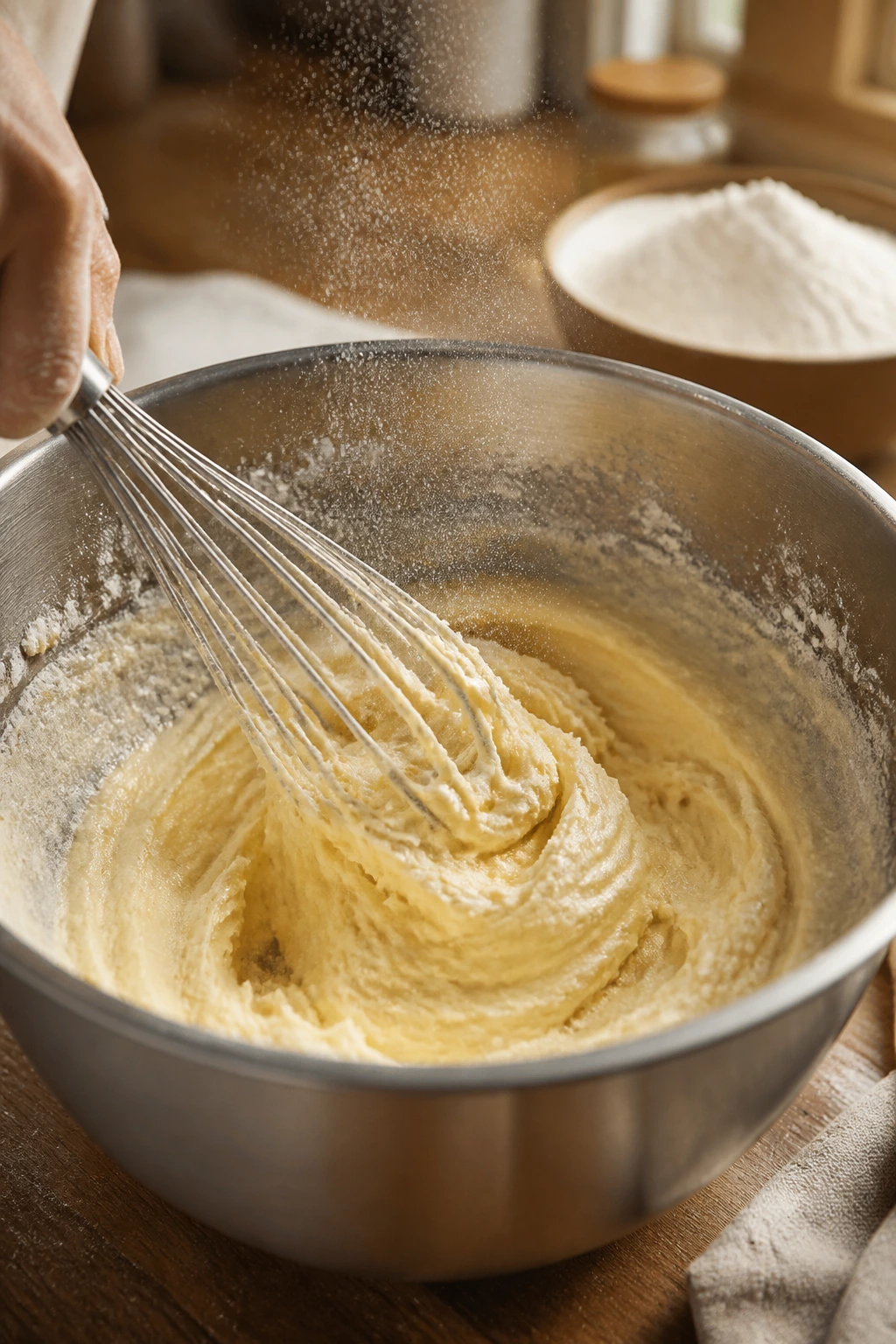 Close-up of pale butter-sugar dough being mixed in a stainless steel bowl in a cozy kitchen.
