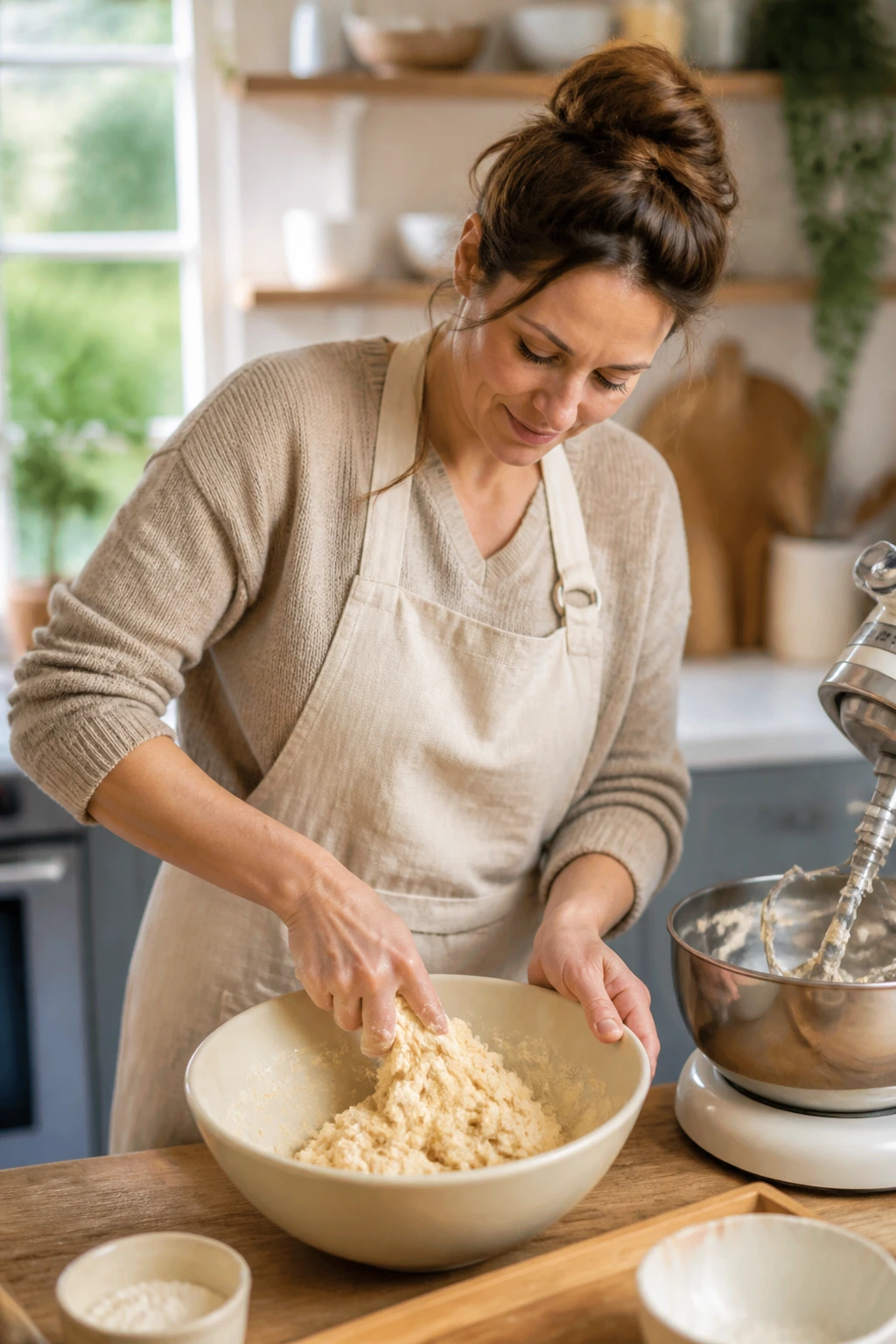 Real person mixing dough in a kitchen with a stand mixer
