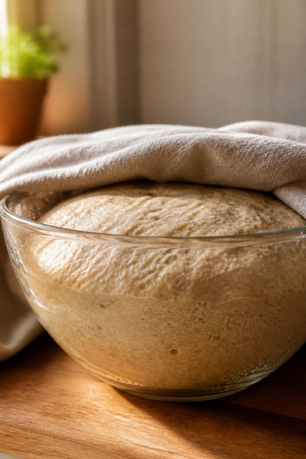 Dough rising in oil-coated bowl under damp towel