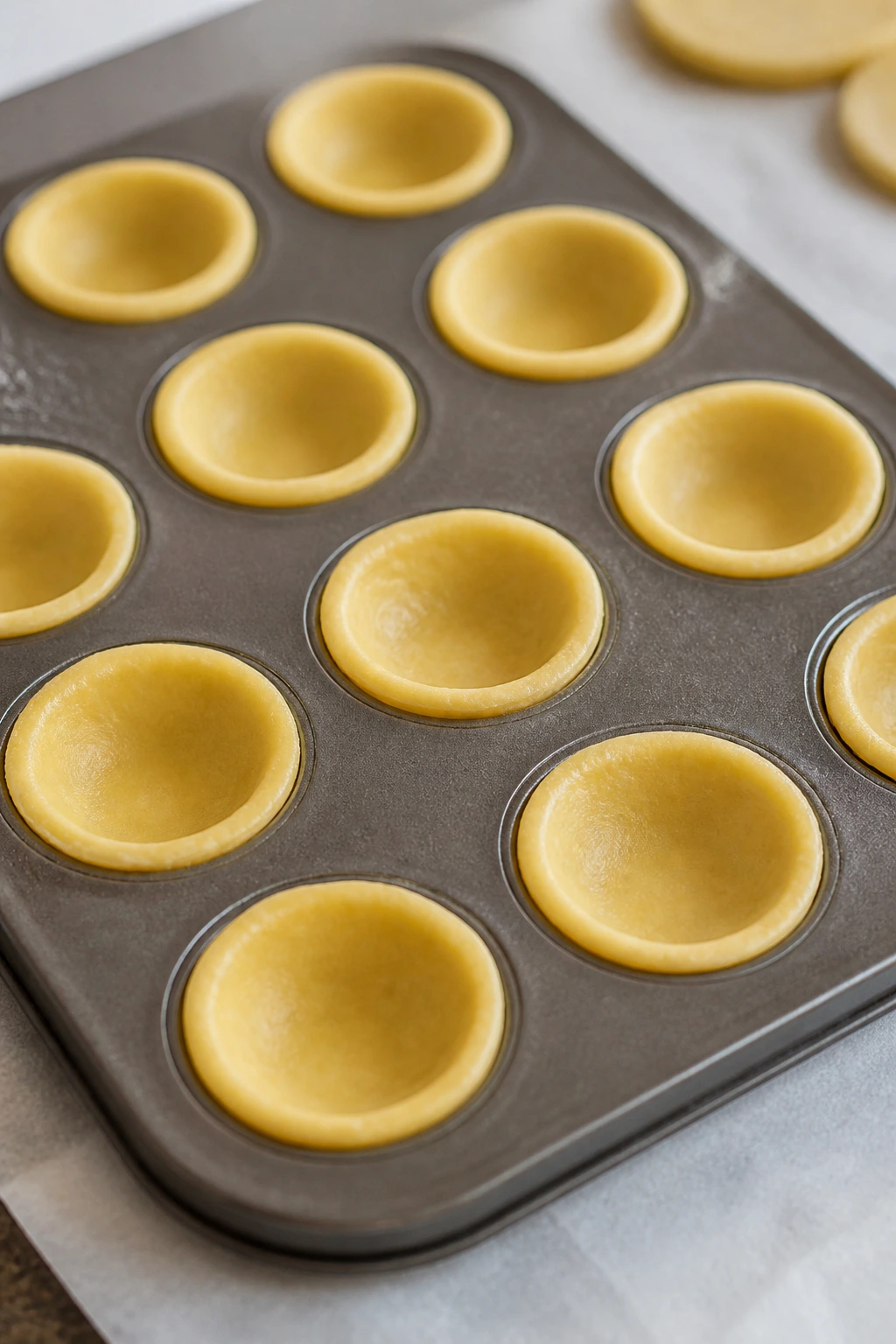 Unbaked mini tartlet shells in a muffin pan on a counter