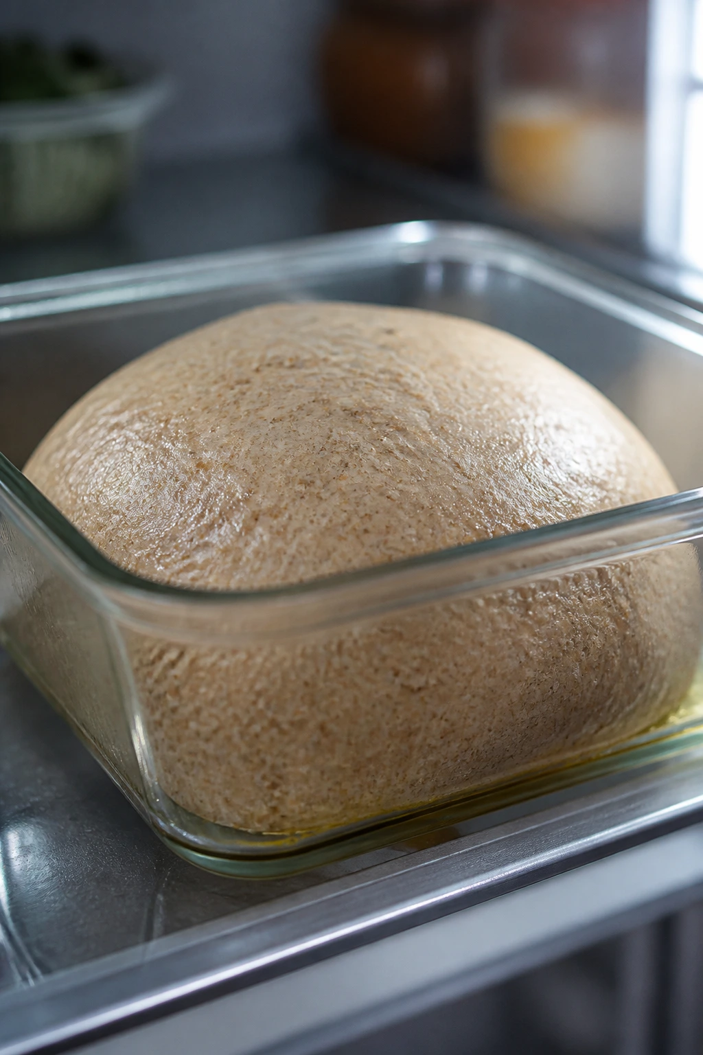 Close-up of dough resting in an oiled container in the fridge