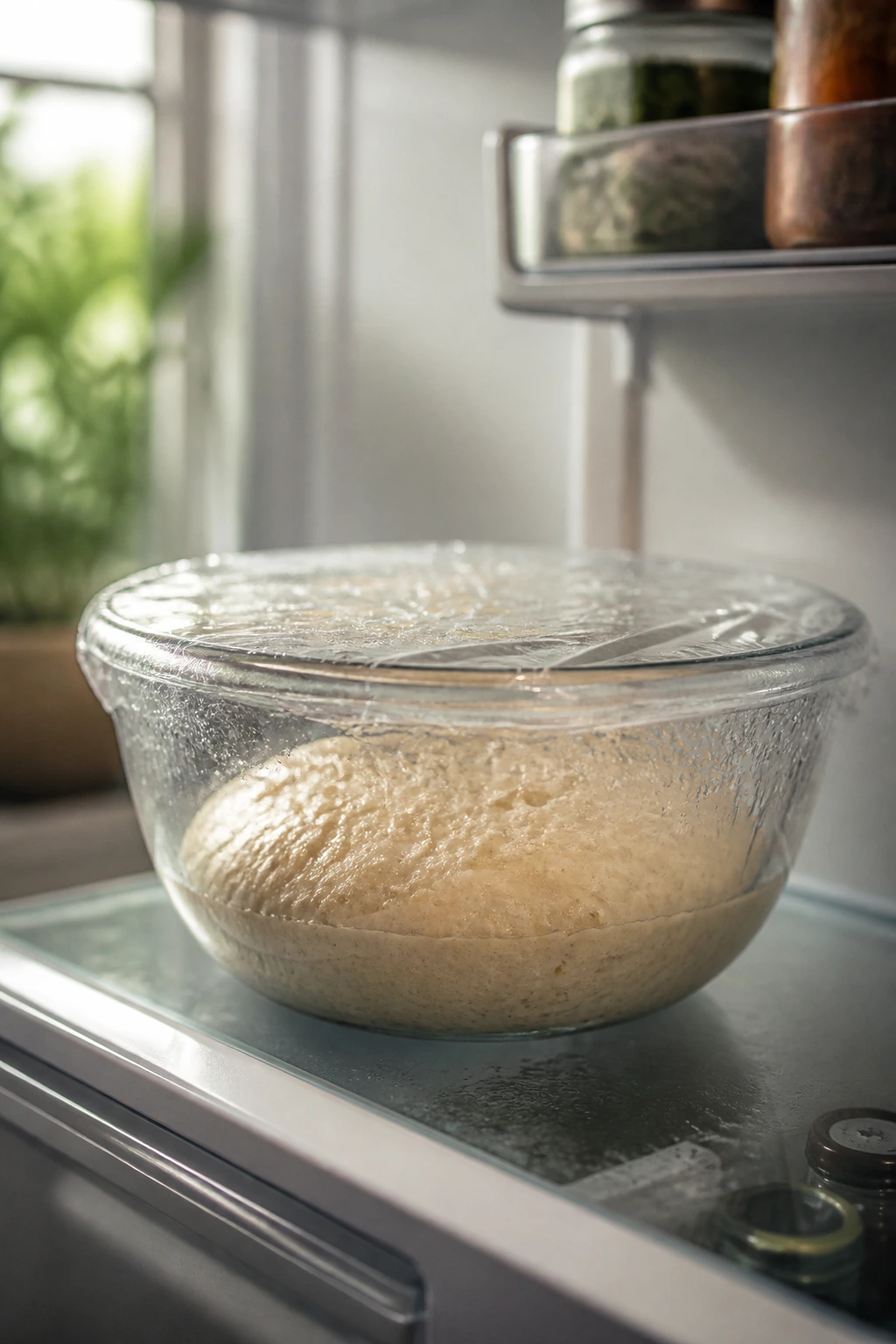 Dough in a covered bowl resting in a home refrigerator
