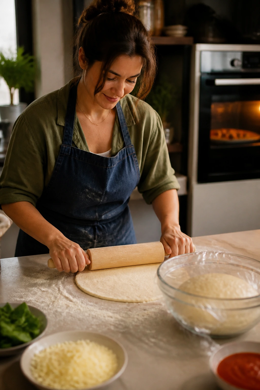 Dough resting in a bowl with a kitchen scene and oven