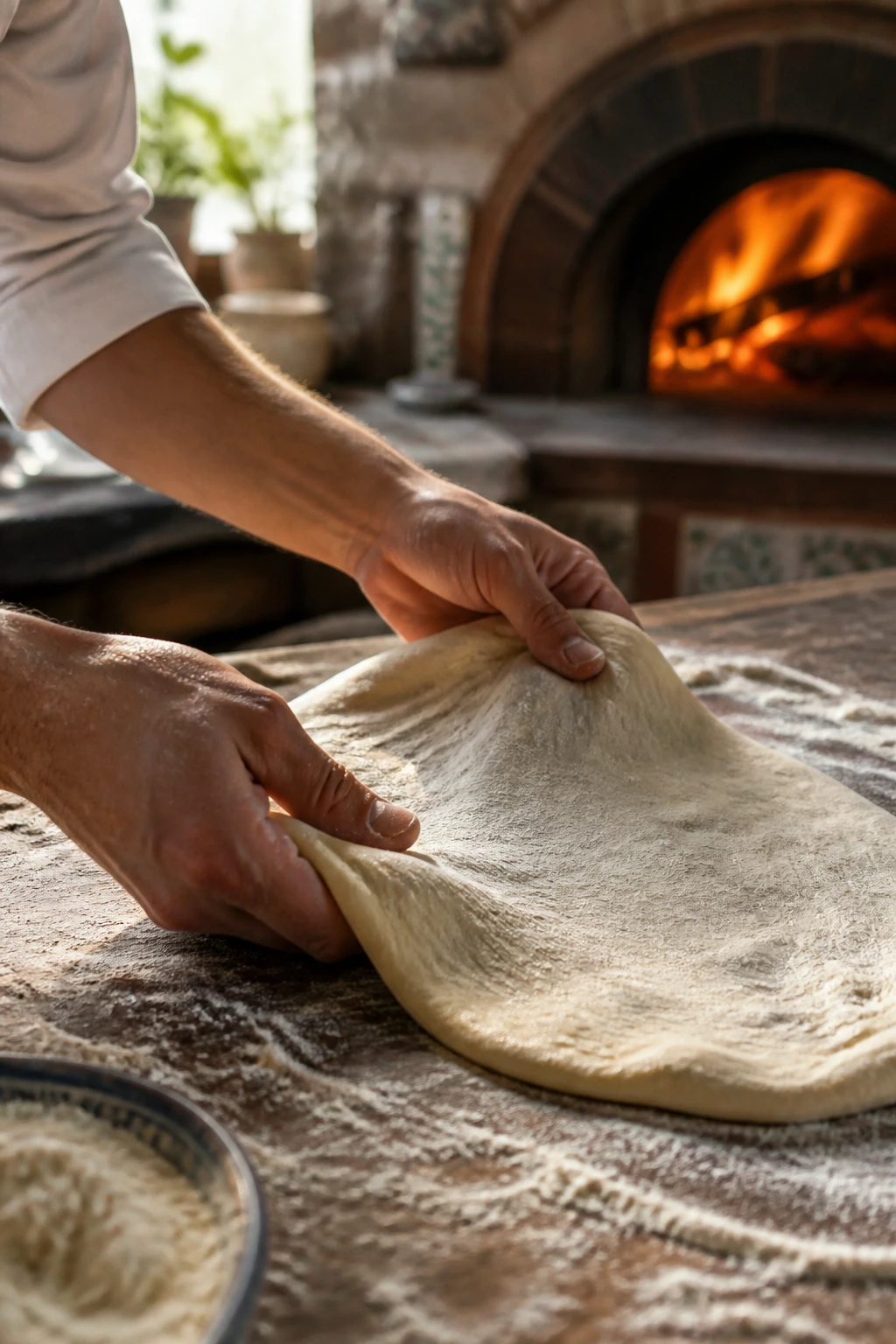 Hands stretching dough on a floured surface with oven glow